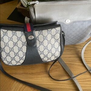 Vintage Gucci grey GG Canvas and Blue Leather Crossbody with Red-Blue Stripe